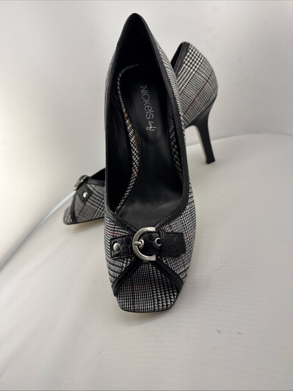 Black Plaid Peep-Toe Heels with Buckle